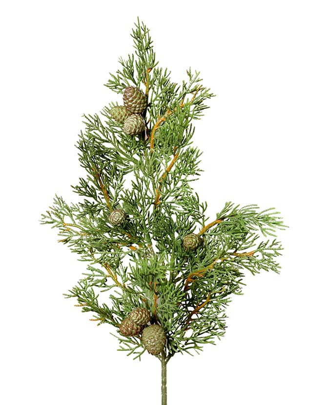 Apró tobozokkal díszített, zöld színű, ciprus fenyő ág műnövény.