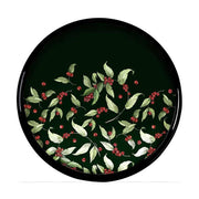 Vidéki vintage stílusú, piros bogyókkal és zöld színű levelekkel díszített, fekete alapszínű, kör alakú, karácsonyi műanyag szervírozó tálca.