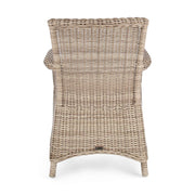 Vidéki vintage stílusú, natúr színű műrattan kerti karosszék, bézs színű olefin ülőpárnával.