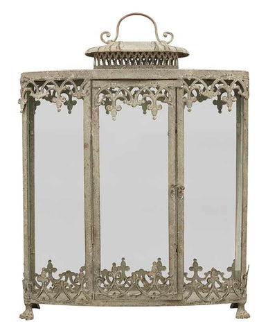 Nagyméretű, 61 cm magas, antik szürke színű patinás fémből készült dekoratív fém lámpás