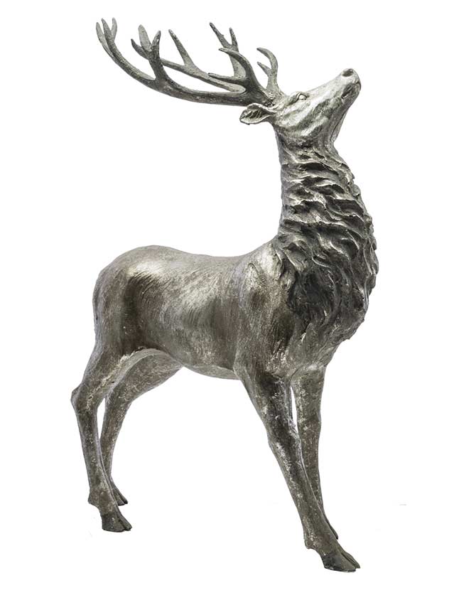 Prémium kategóriás, vintage stílusú, nagyméretű, 65 cm magas antik ezüst színű karácsonyi szarvas figura