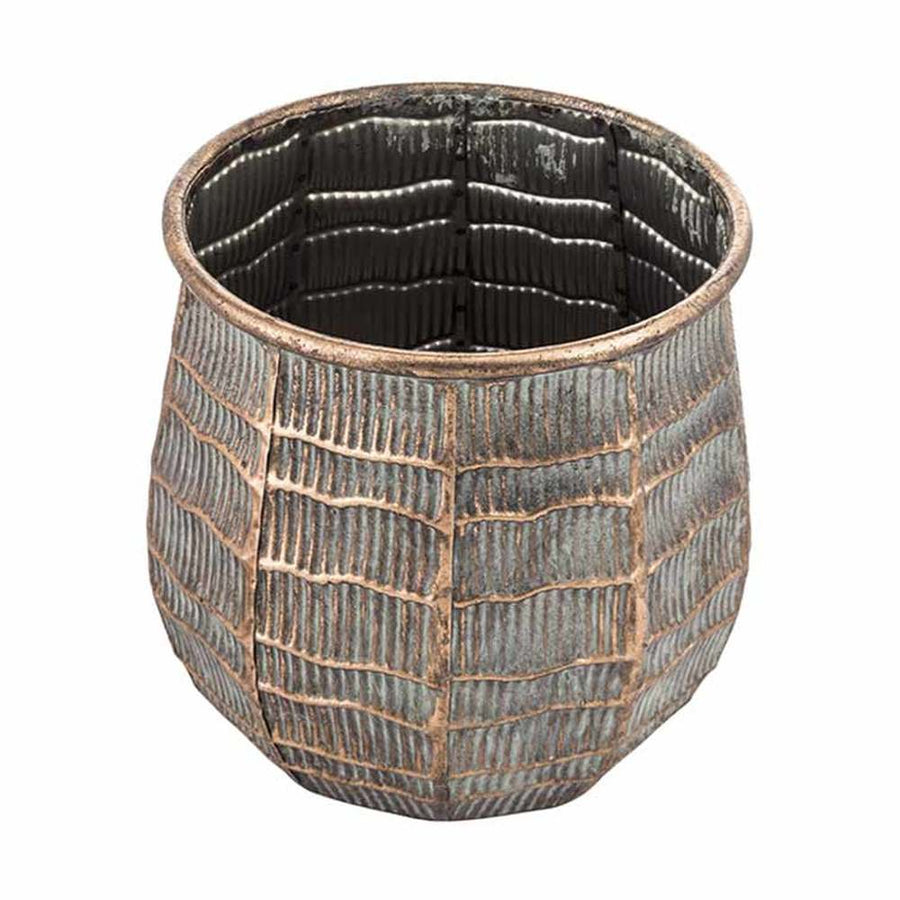 Dombormintás felületű, réz színű, nagyméretű fém kaspó