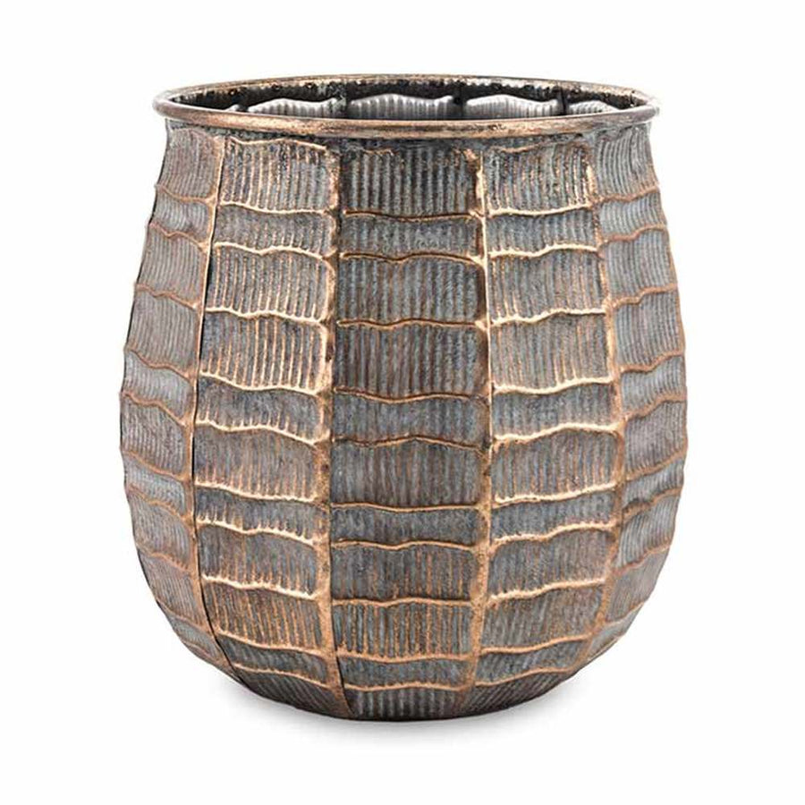 Dombormintás felületű, réz színű, nagyméretű fém kaspó