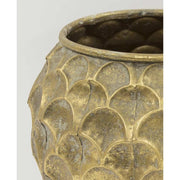 Kortárs, modern stílusú, antik arany színű, 32 cm átmérőjű fém kaspó.