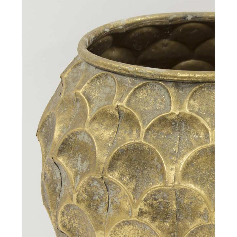 Kortárs, modern stílusú, antik arany színű, 32 cm átmérőjű fém kaspó.