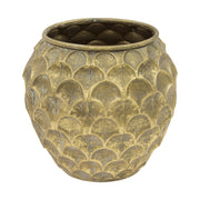 Kortárs, modern stílusú, antik arany színű, 32 cm átmérőjű fém kaspó.