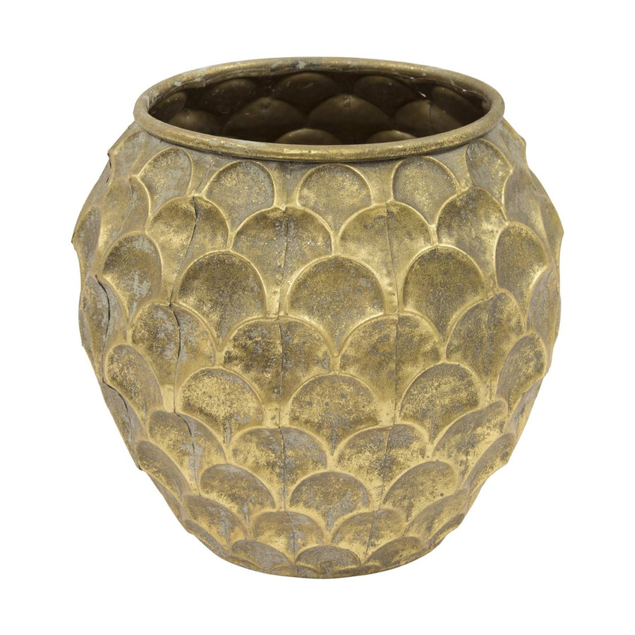 Kortárs, modern stílusú, antik arany színű, 32 cm átmérőjű fém kaspó.