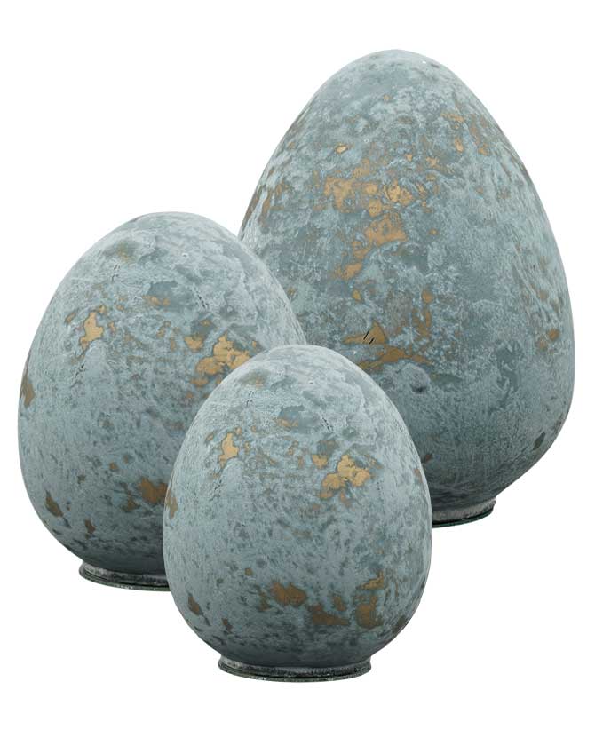 Vidéki vintage stílusú, patinás antik kék színű felületű, 20 cm magas húsvéti üveg tojás
