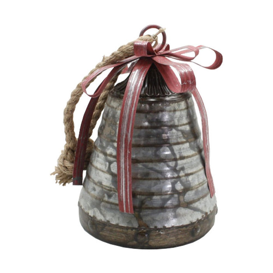 Rusztikus vidéki stílusú, óriás méretű, 25 cm magas, antikolt felületű, piros színű fém masnival díszített karácsonyi kézműves bádogharang