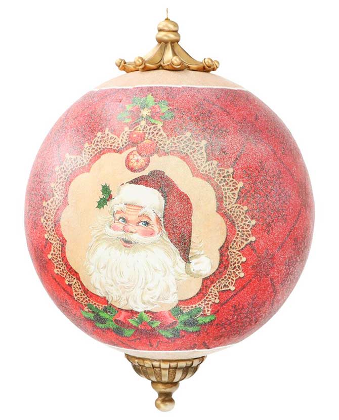 Vintage stílusú, 25 cm átmérőjű, Télapóval díszített, nagyméretű függeszthető karácsonyi gömb dísz.