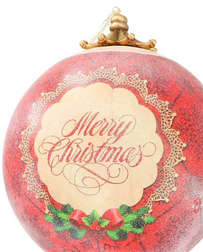 Vintage stílusú,, Merry Christmas felirattal díszített, nagyméretű függeszthető karácsonyi gömb dísz.