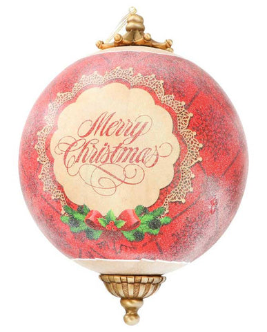 Vintage stílusú,, Merry Christmas felirattal díszített, nagyméretű függeszthető karácsonyi gömb dísz.