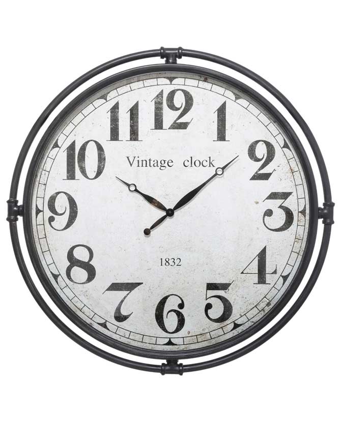 Nagyméretű, 74 cm átmérőjű, fekete színű vasabroncsos, "Vintage Clock-1832" feliratú, üvegezett loft stílusú falióra