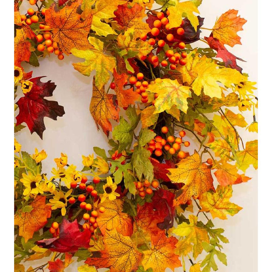 Őszi hangulatú, élethű megjelenésű, 60 cm átmérőjű, vidéki vintage stílusú, mesterséges mű, erdei ajtókopogtató koszorú