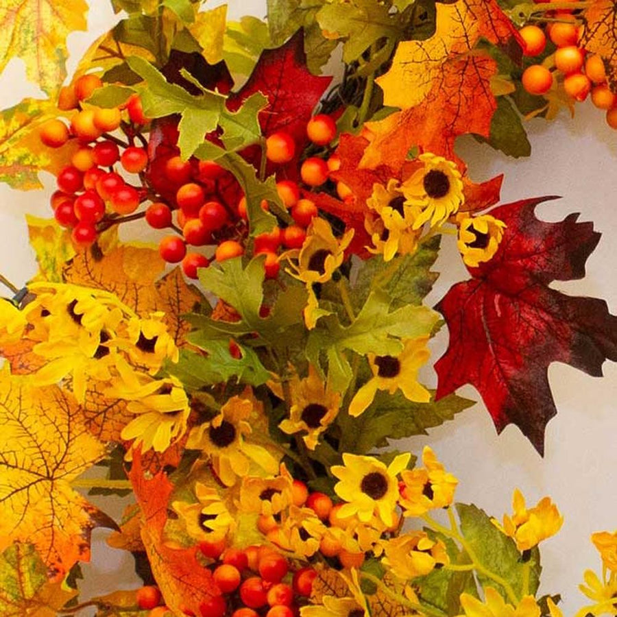 Őszi hangulatú, élethű megjelenésű, 60 cm átmérőjű, vidéki vintage stílusú, mesterséges mű, erdei ajtókopogtató koszorú