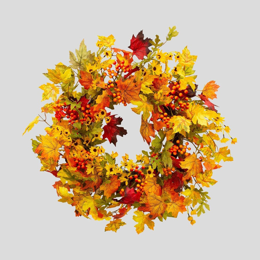 Őszi hangulatú, élethű megjelenésű, 60 cm átmérőjű, vidéki vintage stílusú, mesterséges mű, erdei ajtókopogtató koszorú