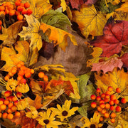 Őszi hangulatú, élethű megjelenésű, 60 cm átmérőjű, vidéki vintage stílusú, mesterséges mű, erdei ajtókopogtató koszorú.