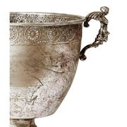 Patinás, antik ezüst színű, áttört fémcsipkével díszített, nagyméretű fémkaspó