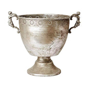 Patinás, antik ezüst színű, áttört fémcsipkével díszített, nagyméretű fémkaspó