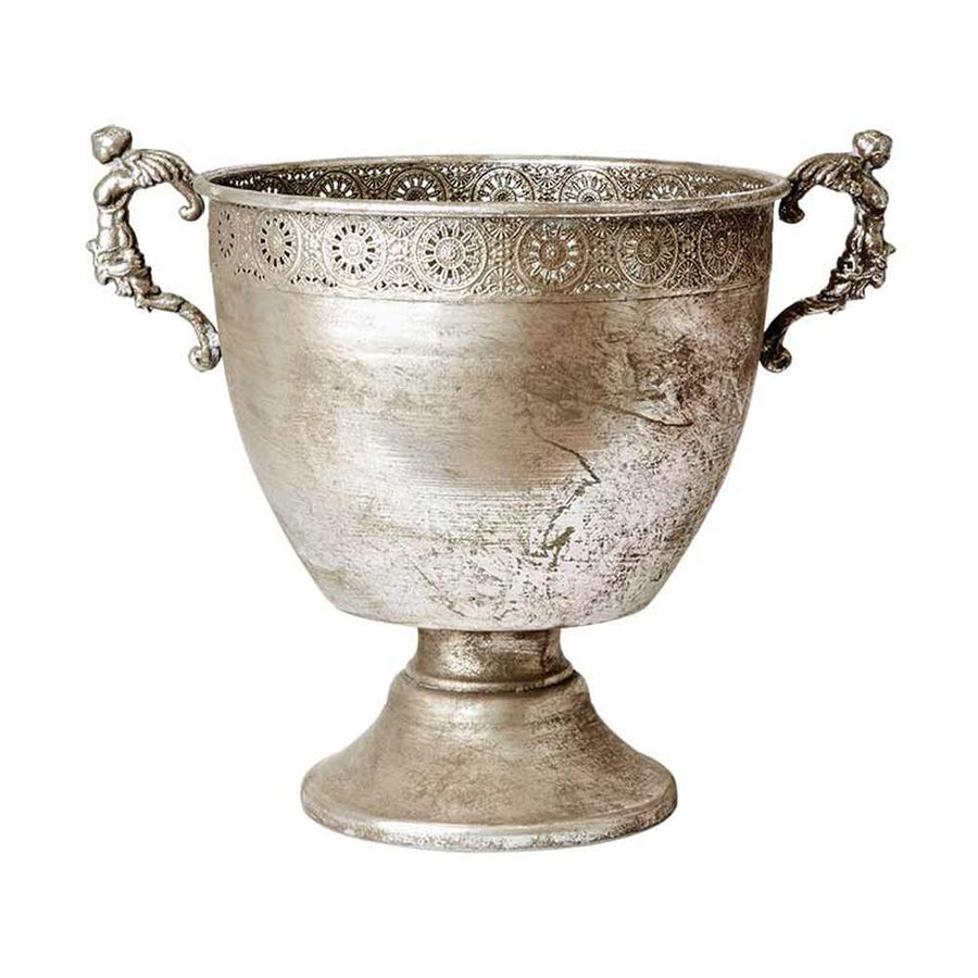 Patinás, antik ezüst színű, áttört fémcsipkével díszített, nagyméretű fémkaspó