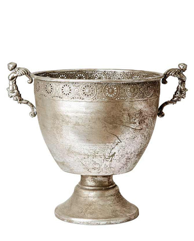 Patinás, antik ezüst színű, áttört fémcsipkével díszített, nagyméretű fémkaspó