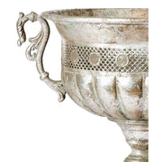 Patinás, antik ezüst színű, áttört fémcsipkével díszített, nagyméretű fémkaspó közeli képe