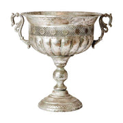 Patinás, antik ezüst színű, áttört fémcsipkével díszített, nagyméretű fémkaspó