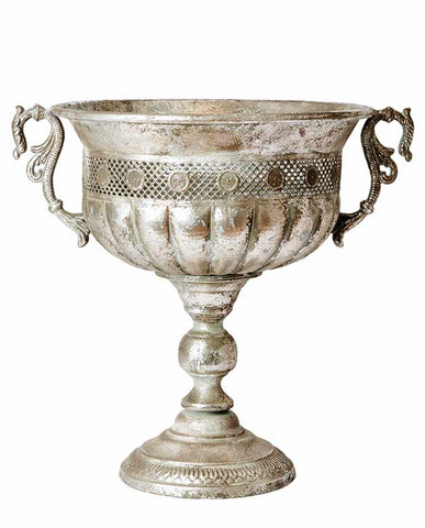 Patinás, antik ezüst színű, áttört fémcsipkével díszített, nagyméretű fémkaspó