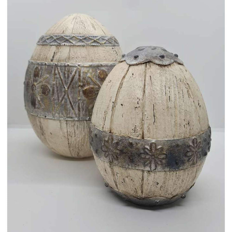 Prémium minőségű, vidéki vintage stílusú, rusztikus  patinás felületű, dombormintás fémes jellegű pántokkal díszített, fahatású nagyméretű tojás