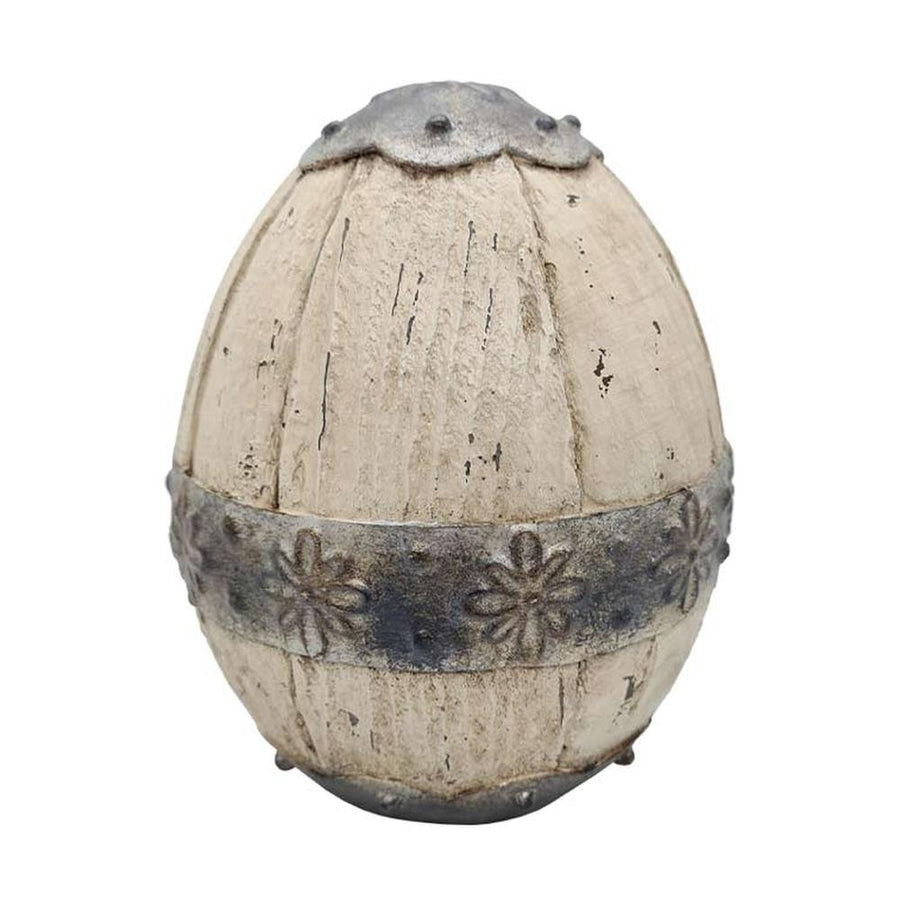 Prémium minőségű, vidéki vintage stílusú, rusztikus  patinás felületű, dombormintás fémes jellegű pántokkal díszített, fahatású nagyméretű tojás