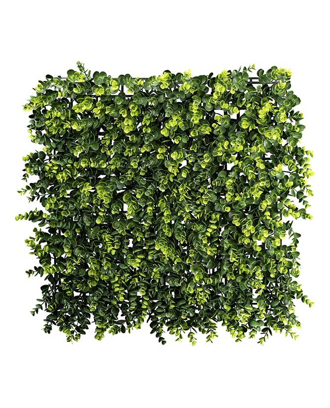 Mű eukaliptusz levelekből készült, 50 cm hosszú és 50 cm széles, mesterséges növényfal panel.