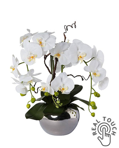 Fehér színű mű orchidea, ezüst színű fém kaspóban.