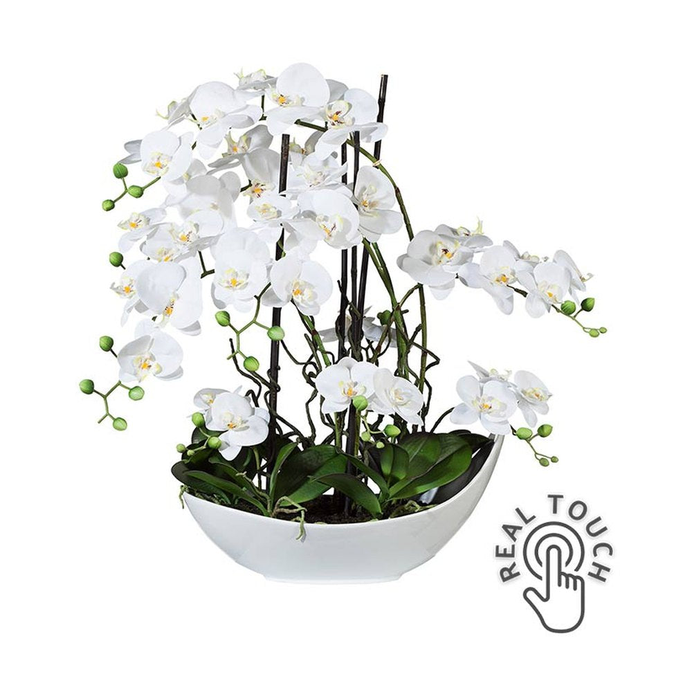 Fehér színű mű orchidea, csónak formájú kerámia kaspóban.