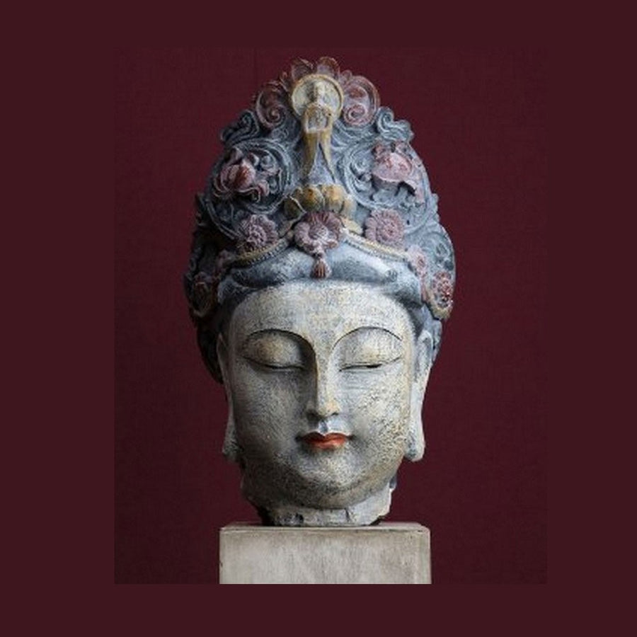 Oriental stílusú, kézzel készét, antikolt felületű buddha fej szobor