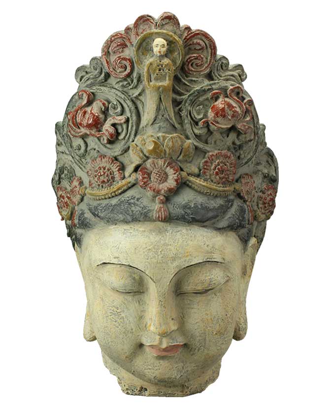 Oriental stílusú, kézzel készét, antikolt felületű  buddha fej szobor