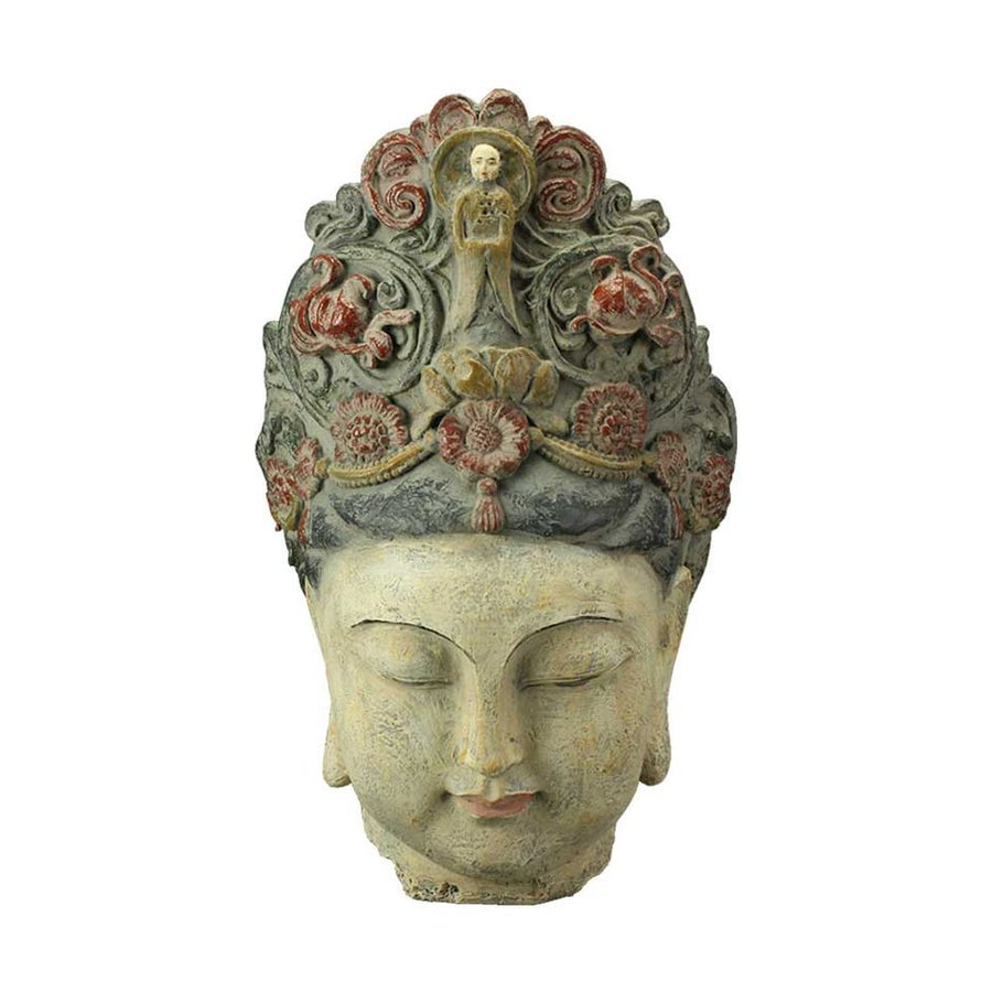 Oriental stílusú, kézzel készét, antikolt felületű  buddha fej szobor