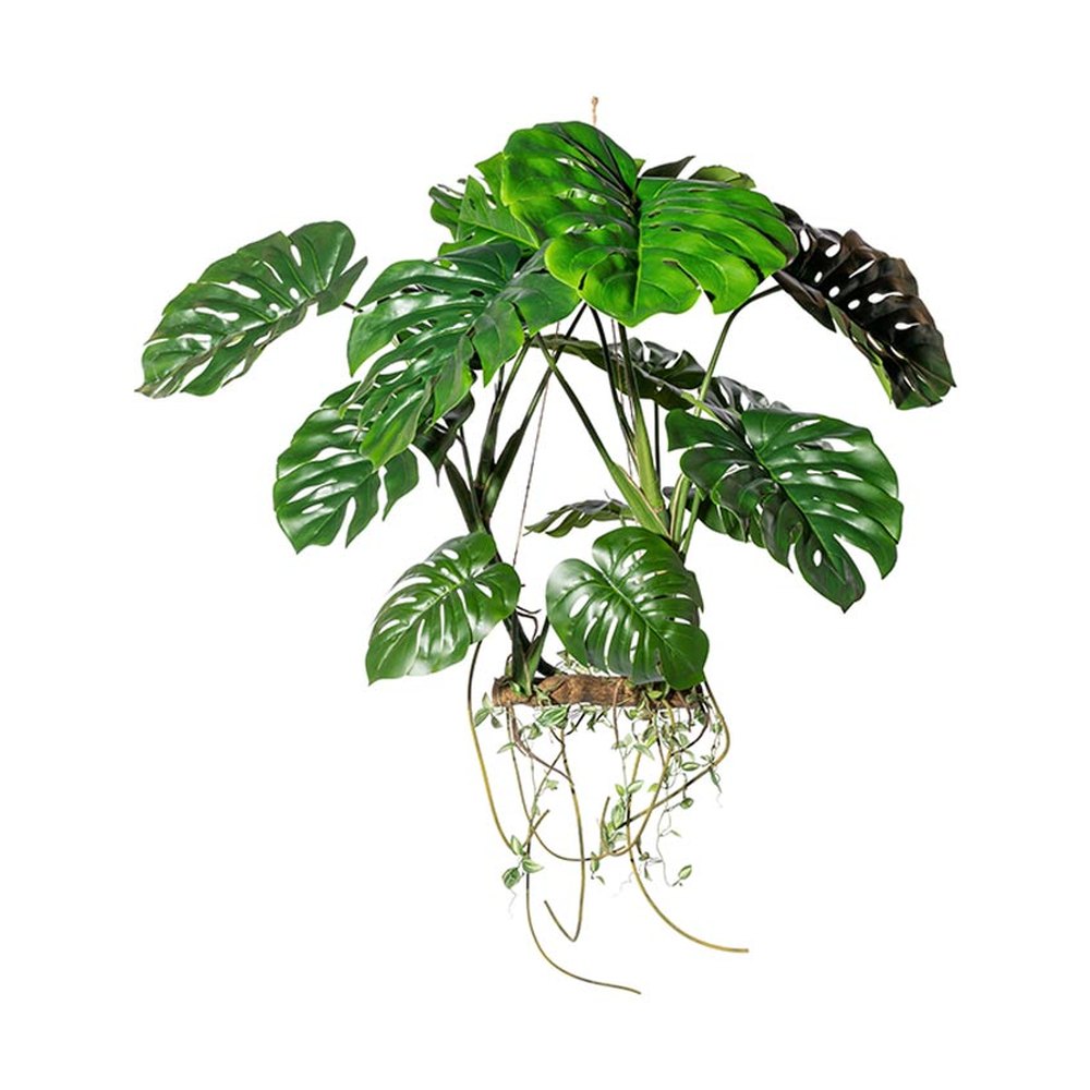 Exkluzív megjelenésű, modern, kortás stílusú, 100 cm magas, függeszthető filodendron műnövény kompozíció.