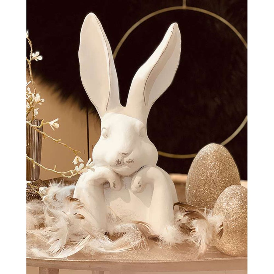 Vidéki vintage stílusú, patinás felületű, fehér színű, óriás méretű, 79 cm magas húsvéti nyuszi mellszobor