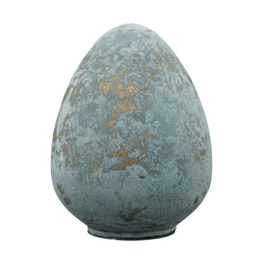 Vidéki vintage stílusú, antik kék színű patinás felületű, 27 cm magas húsvéti üveg tojás