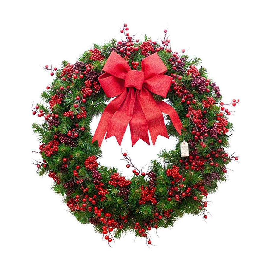 Vidéki stílusú, erdei bogyós, 102 cm átmérőjű karácsonyi koszorú masnival..