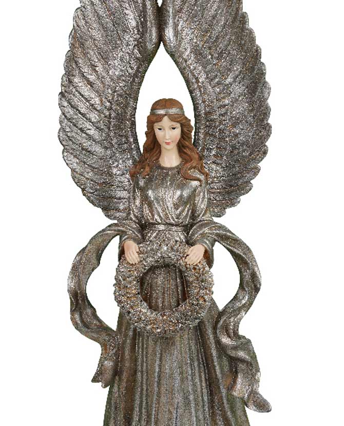Prémium kategóriás, óriás méretű, 91 cm magas, antik ezüst színű, koszorúval díszített karácsonyi angyal figura 