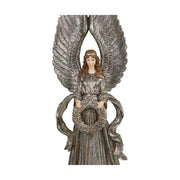 Prémium kategóriás, óriás méretű, 91 cm magas, antik ezüst színű, koszorúval díszített karácsonyi angyal figura 