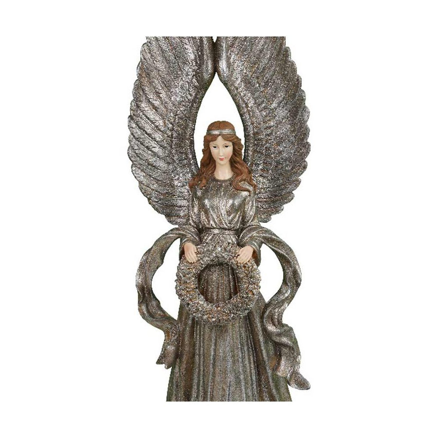 Prémium kategóriás, óriás méretű, 91 cm magas, antik ezüst színű, koszorúval díszített karácsonyi angyal figura 