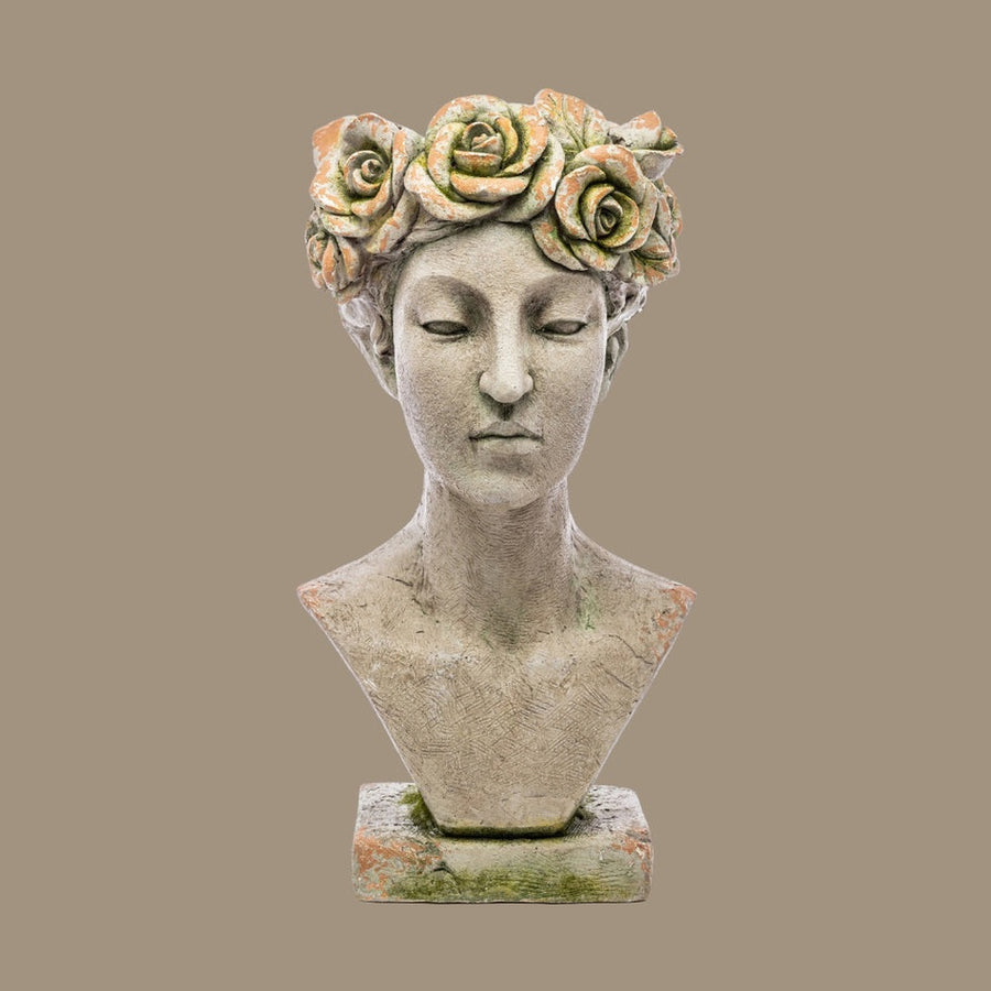 Óriás méretű, női mellszobor formájú, 55 cm magas, antikolt felületű, műgyantából készült kaspó büszt.