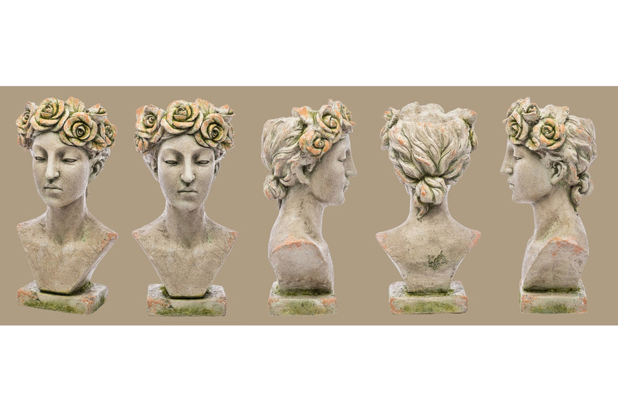 Óriás méretű, női mellszobor formájú, 55 cm magas, antikolt felületű, műgyantából készült kaspó büszt.