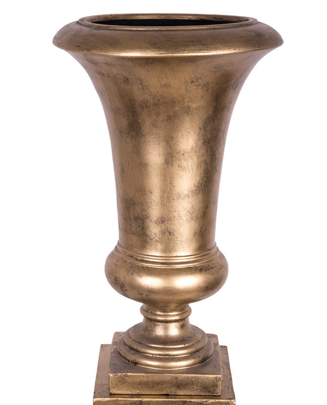 Óriás méretű, sima felületű, antik arany színű talpas kaspó posztamensen