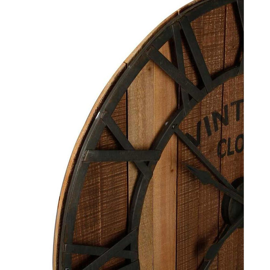 Óriás méretű, 91,5 cm átmérőjű, antikolt fenyőfából és vasból készült loft stílusú falióra