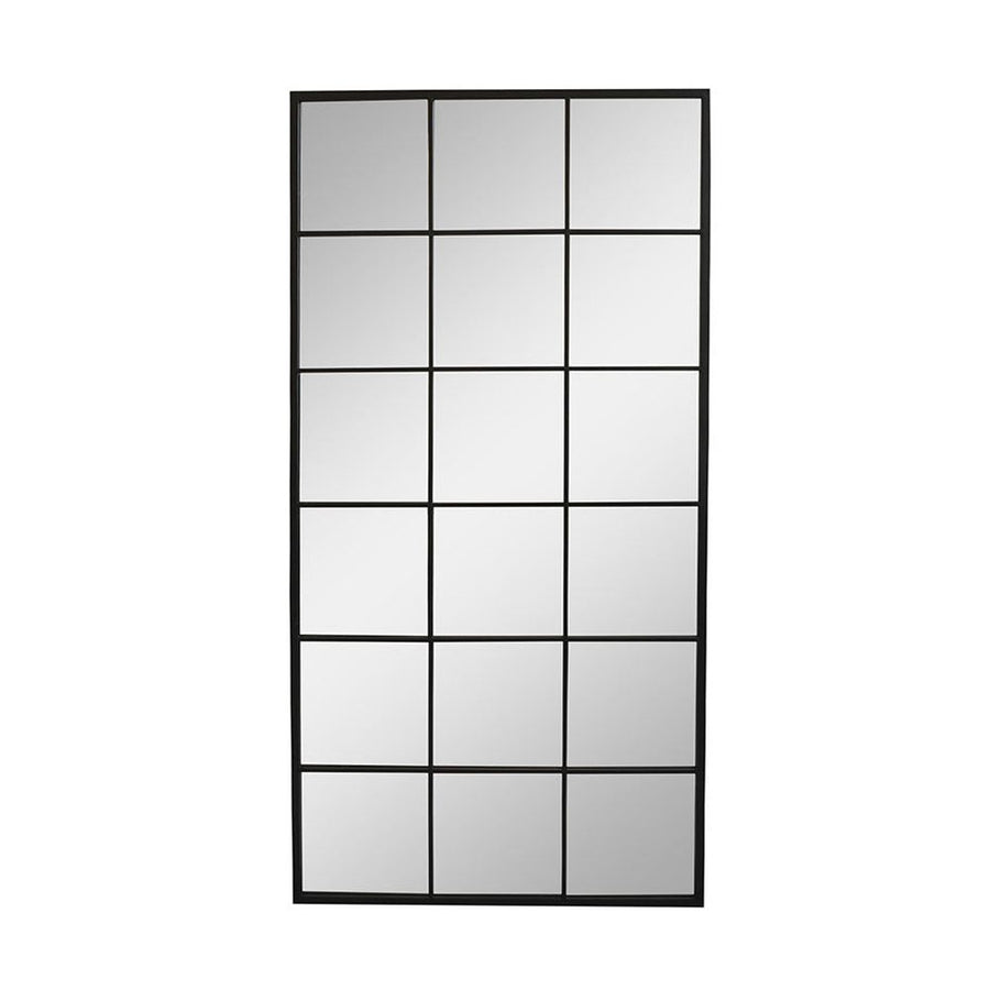 Feketeszínű, nagyméretű, 90 cm hosszú és 180 cm magas, fémből készült, loft stílusú falitükör.