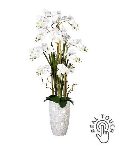 Fehér színű, cserepes  mű orchidea, fehér színű kerámia kaspóban.
