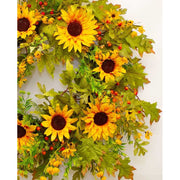 Őszi hangulatú, élethű megjelenésű, 65 cm átmérőjű, vidéki vintage stílusú, mesterséges mű napraforgó ajtókopogtató koszorú.